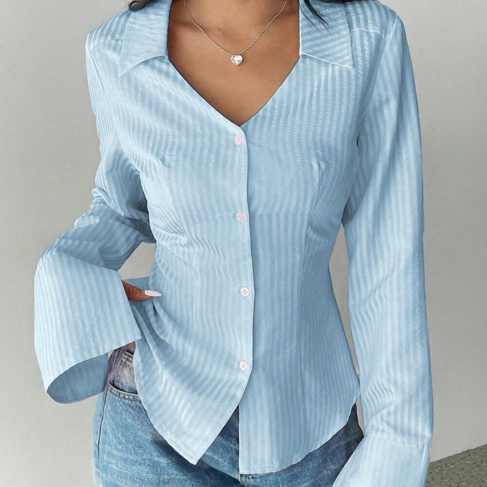 blue Casual Women's Turndown Collar Long Sleeve button down shirt